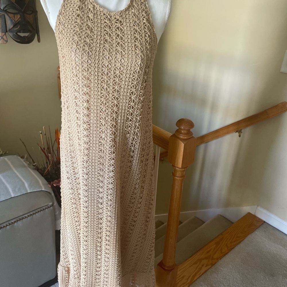ENCRE’ME-Chic Tan Halter Crochet Maxi Dress NWT